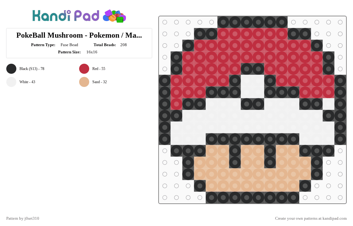 PokeBall Mushroom - Pokemon / Mario Bros - Fuse Bead Pattern by j0set310 on Kandi Pad - red,beige,pokeball,mushroom,pokemon,pikachu,mario bros