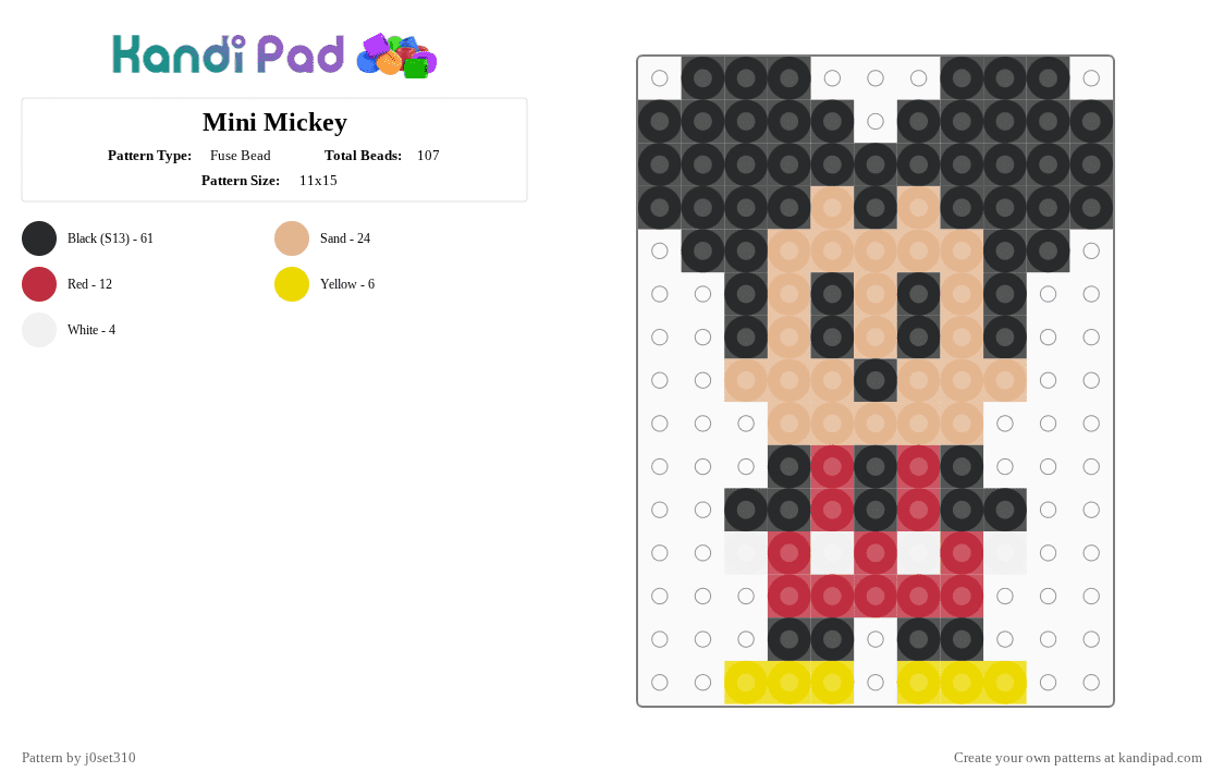 Mini Mickey - Fuse Bead Pattern by j0set310 on Kandi Pad - black,beige