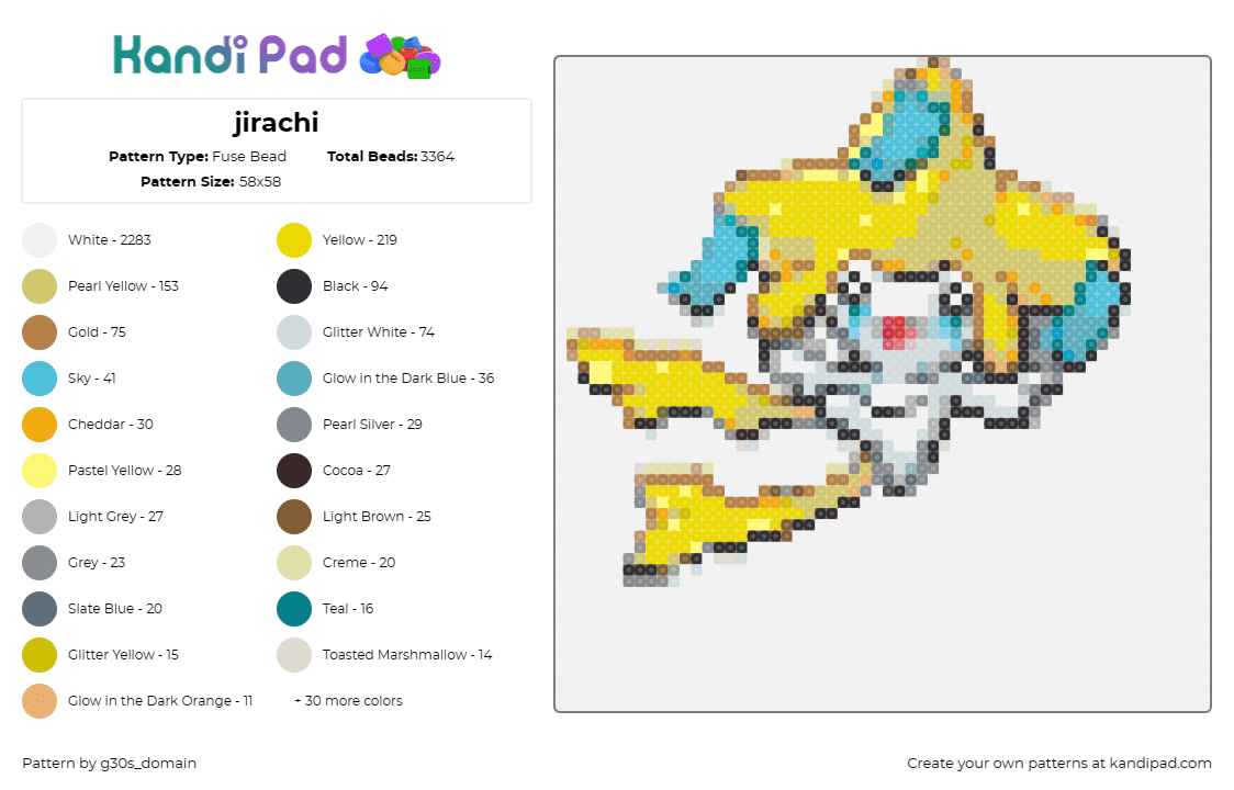 jirachi - Fuse Bead Pattern by g30s_domain on Kandi Pad - jirachi,pokemon,star-shaped,wish,character,sunny yellow,celestial,silver,blue,bl