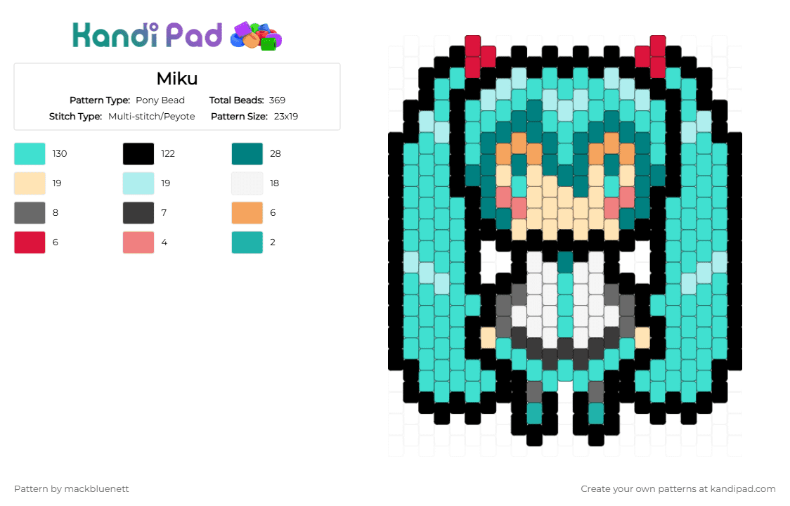 Miku - Pony Bead Pattern by mackbluenett on Kandi Pad - light blue