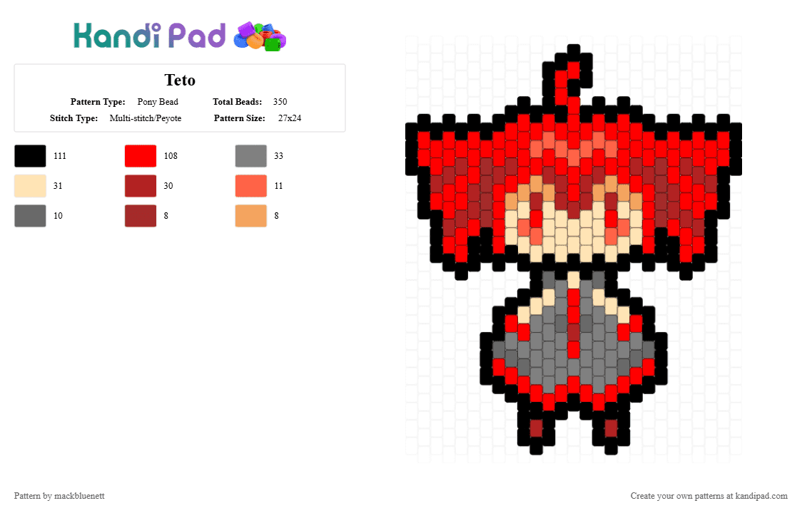 Teto - Pony Bead Pattern by mackbluenett on Kandi Pad - red,teto,kasane teto,vocaloid,charm