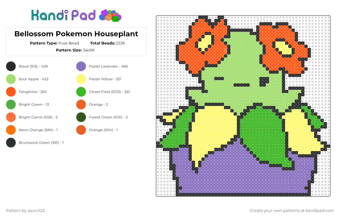 Bellossom Pokemon Houseplant - Fuse Bead Pattern by sauru123 on Kandi Pad - green,blue,pokemon,plant,houseplant,cute