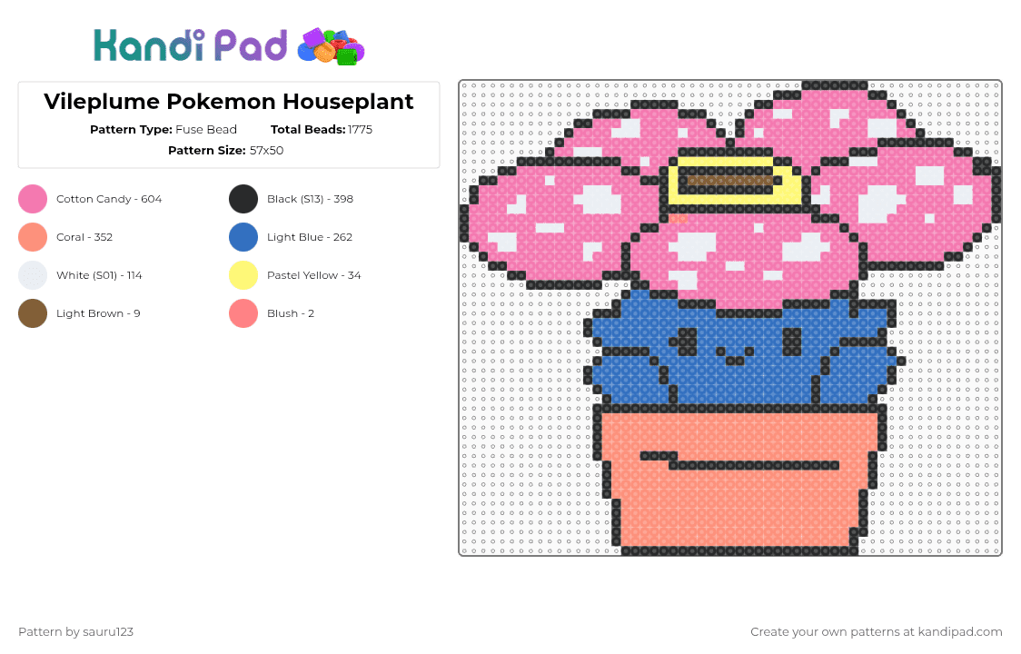 Vileplume Pokemon Houseplant - Fuse Bead Pattern by sauru123 on Kandi Pad - blue,pink,orange,pokemon,plant,houseplant,cute,anime