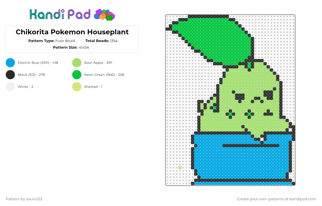 Chikorita Pokemon Houseplant - Fuse Bead Pattern by sauru123 on Kandi Pad - green,light blue,pokemon,plant,houseplant,anime,cute