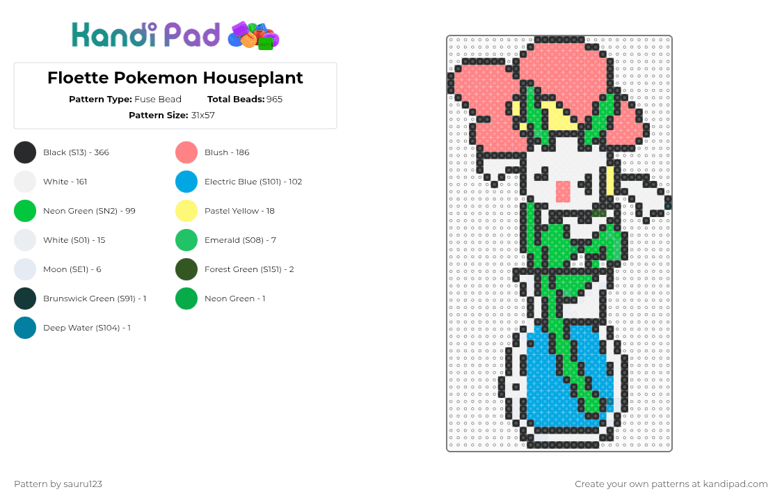 Floette Pokemon Houseplant - Fuse Bead Pattern by sauru123 on Kandi Pad - red,green,light blue,pokemon,plant,houseplant,cute,anime