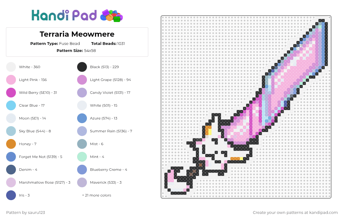 Terraria Meowmere - Fuse Bead Pattern by sauru123 on Kandi Pad - white,light blue,pink,terraria,meowmere,cute,sword,anime
