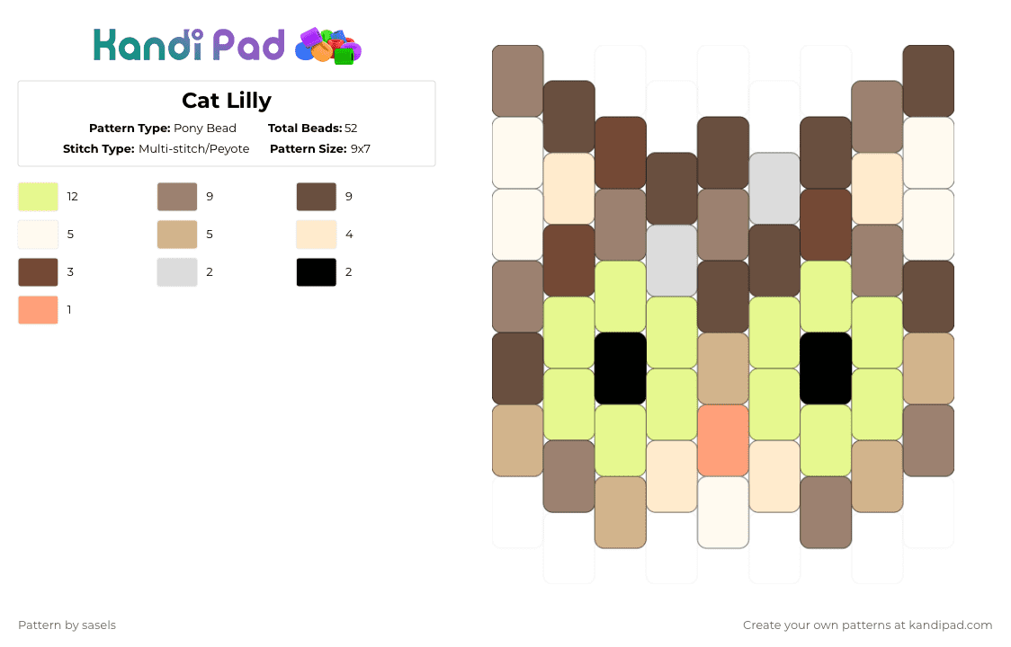Cat Lilly - Pony Bead Pattern by sasels on Kandi Pad - tan,brown,beige,yellow,cat,cute,beginners