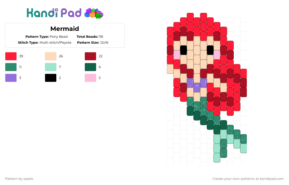 Mermaid - Pony Bead Pattern by sasels on Kandi Pad - beige,red,teal,mermaid
