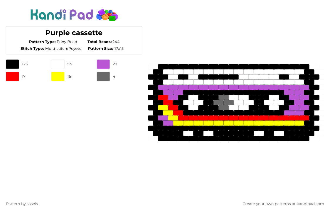 Purple cassette - Pony Bead Pattern by sasels on Kandi Pad - black,pink,red,yellow,cotdpopartmovement