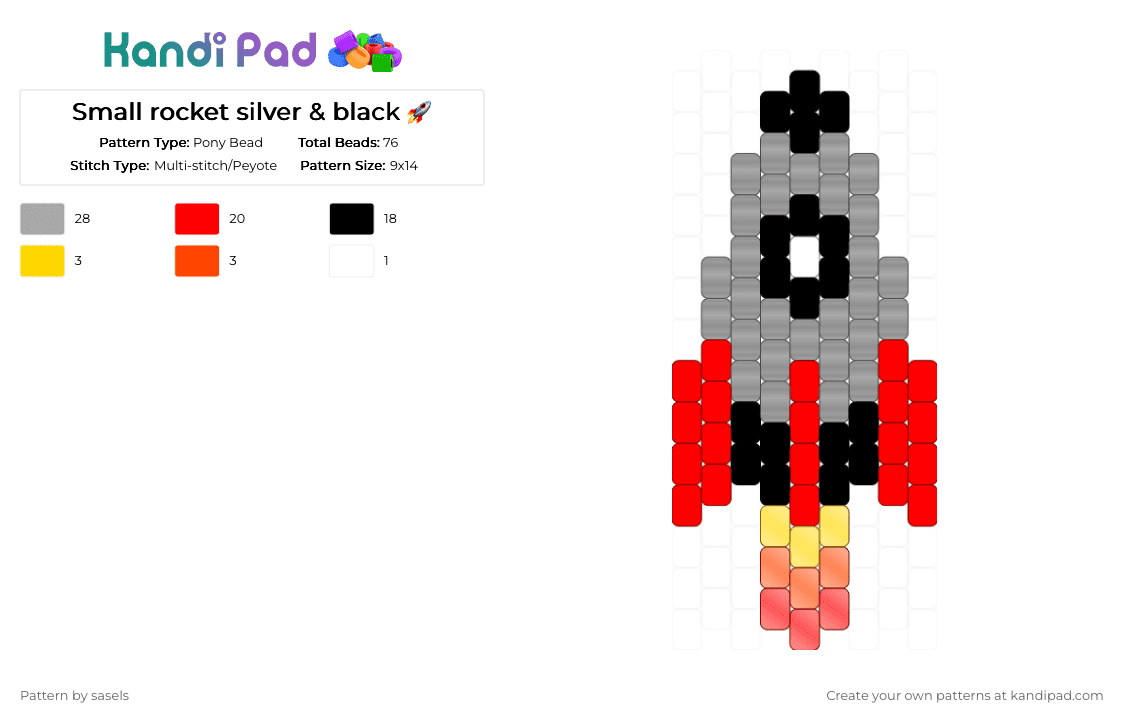 Small rocket silver & black 🚀 - Pony Bead Pattern by sasels on Kandi Pad - beige,red,rocket