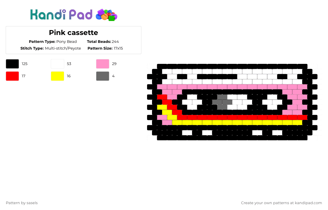 Pink cassette - Pony Bead Pattern by sasels on Kandi Pad - black,pink,red,yellow