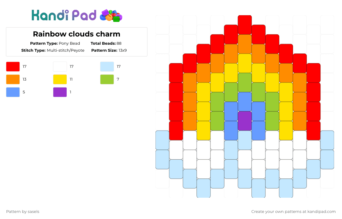 Rainbow clouds charm - Pony Bead Pattern by sasels on Kandi Pad - red,orange,yellow,light blue