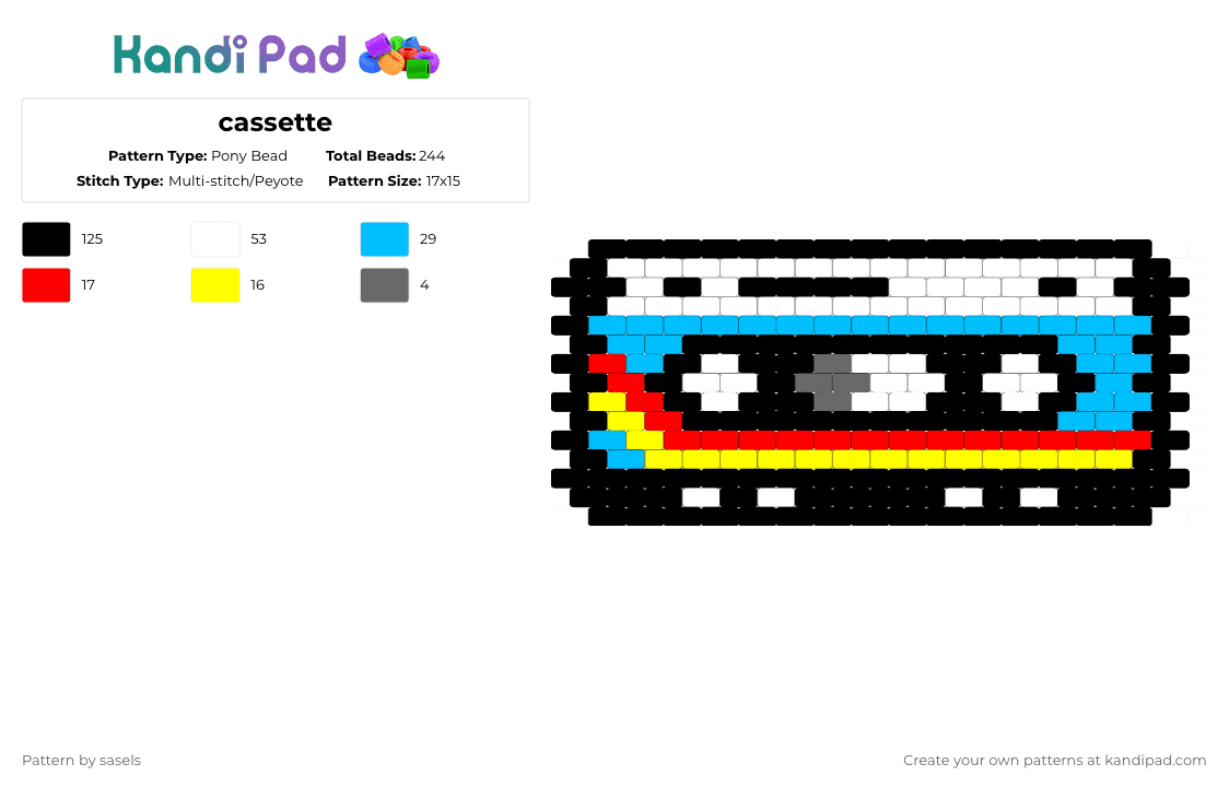 cassette - Pony Bead Pattern by sasels on Kandi Pad - black,light blue,red,yellow,cotdpopartmovement
