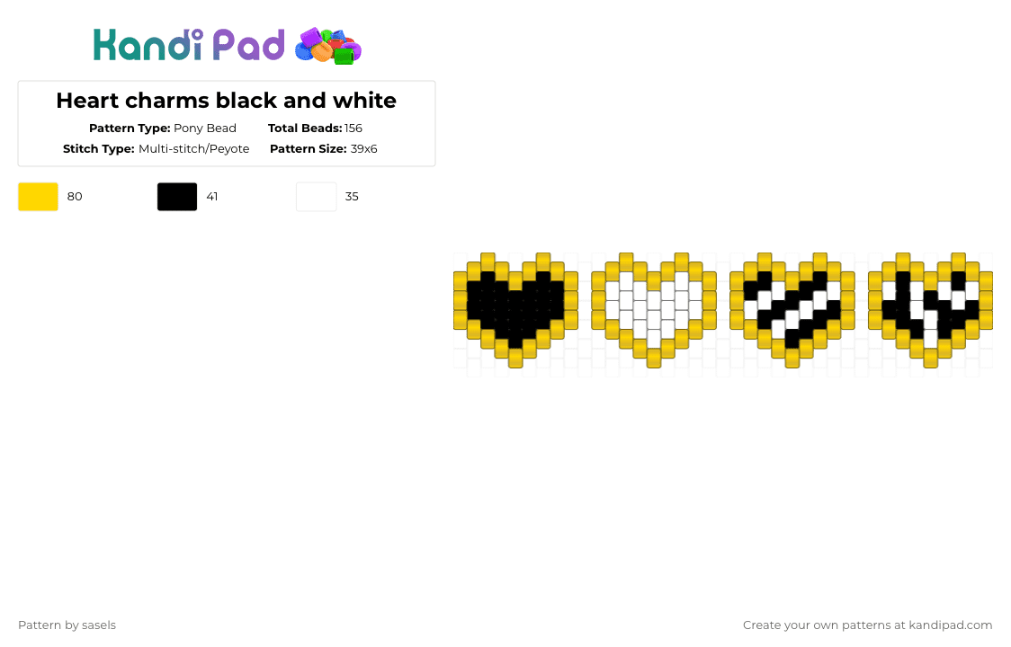 Heart charms black and white - Pony Bead Pattern by sasels on Kandi Pad - yellow,white,heart