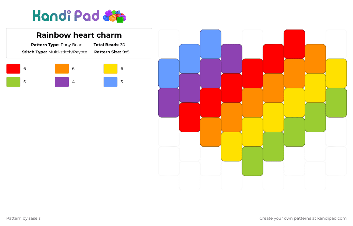 Rainbow heart charm - Pony Bead Pattern by sasels on Kandi Pad - red,orange,yellow,green
