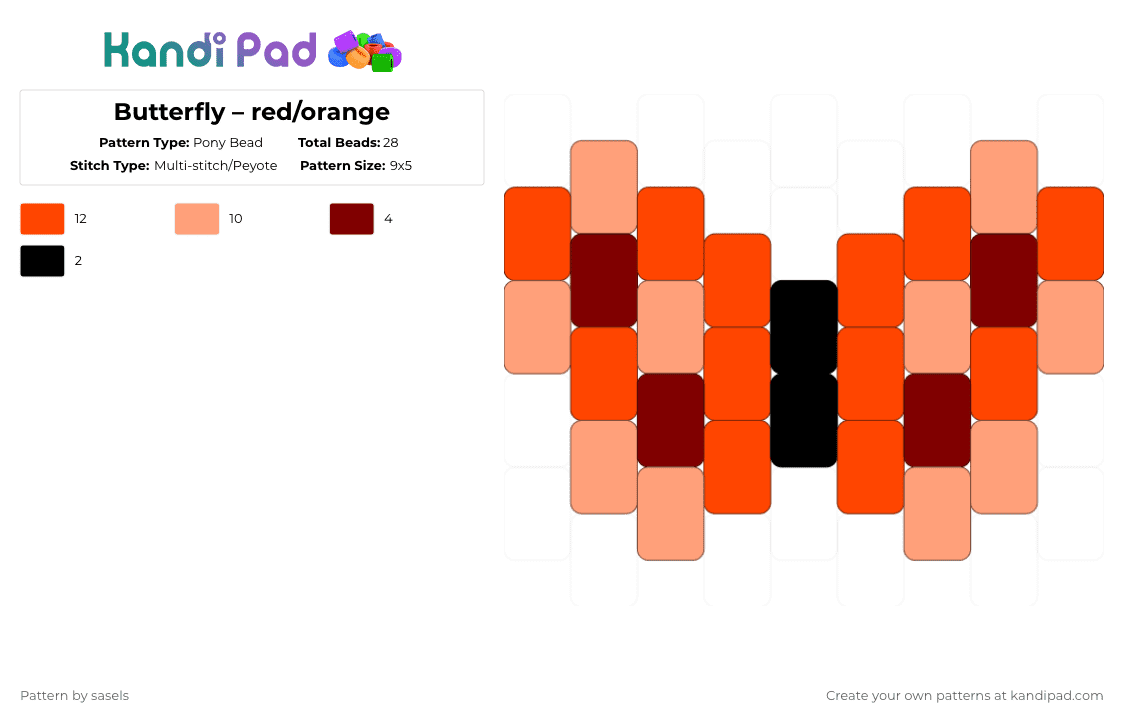 Butterfly – red/orange - Pony Bead Pattern by sasels on Kandi Pad - orange,red,butterfly