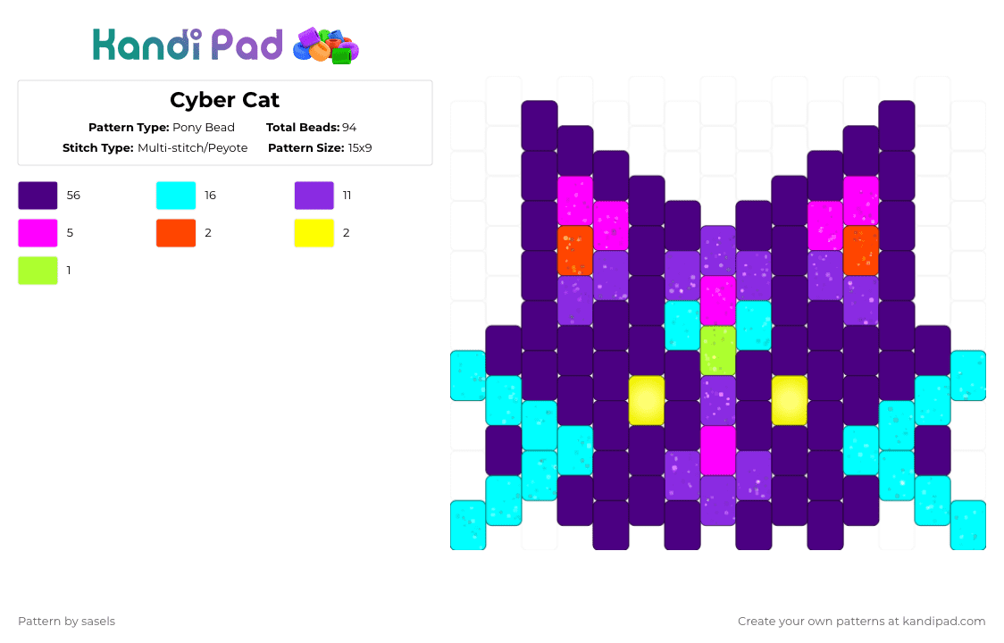 Cyber cat - Pony Bead Pattern by sasels on Kandi Pad - purple,light blue,cotdcyberpunk
