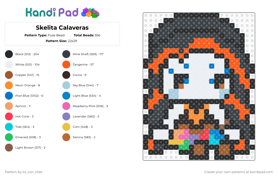 Skelita Calaveras - Fuse Bead Pattern by lia_con_tilde on Kandi Pad - skelita,monster high,monster,cartoon,doll,black,white,orange,tan