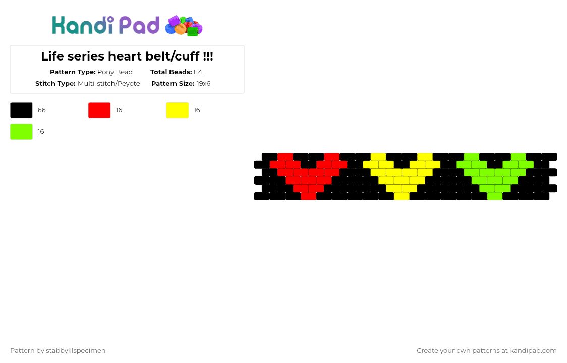 Life series heart belt/cuff !!! - Pony Bead Pattern by stabbylilspecimen on Kandi Pad - belt, black, cuff, green, heart, hearts, red, yellow