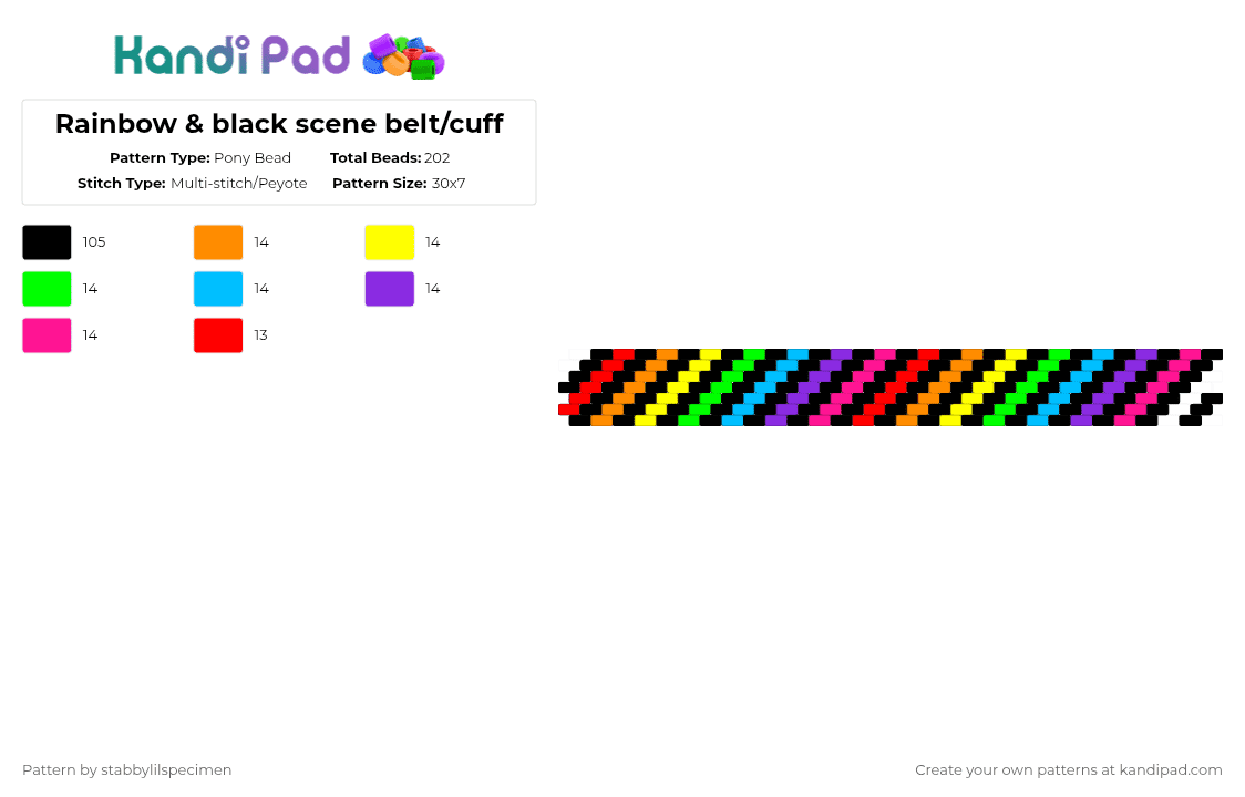 Rainbow & black scene belt/cuff - Pony Bead Pattern by stabbylilspecimen on Kandi Pad - black,orange,green,purple,colorful,rainbow,cuff,belt,striped
