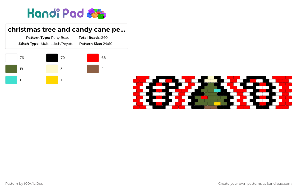 christmas tree and candy cane peyote cuff - Pony Bead Pattern by f00xl1ci0us on Kandi Pad - white,red,gold,peyote,christmas,candy cane,green and red,candy,holiday,cuff