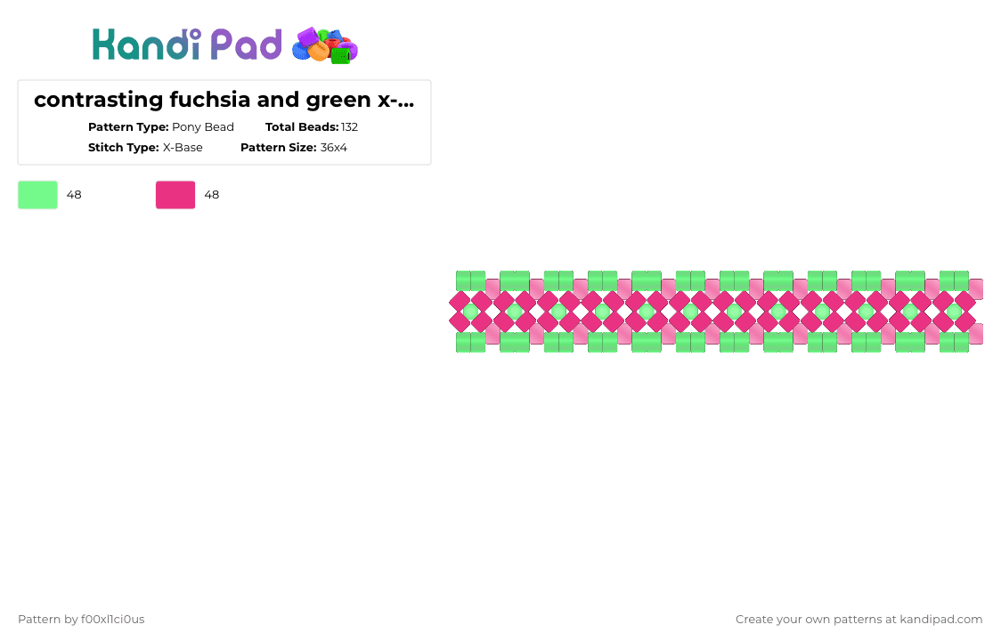 contrasting fuchsia and green x-base cuff - Pony Bead Pattern by f00xl1ci0us on Kandi Pad - teal,pink,cotdcontrast,xbase,cuff,green,fuchsia,contrast,complementary