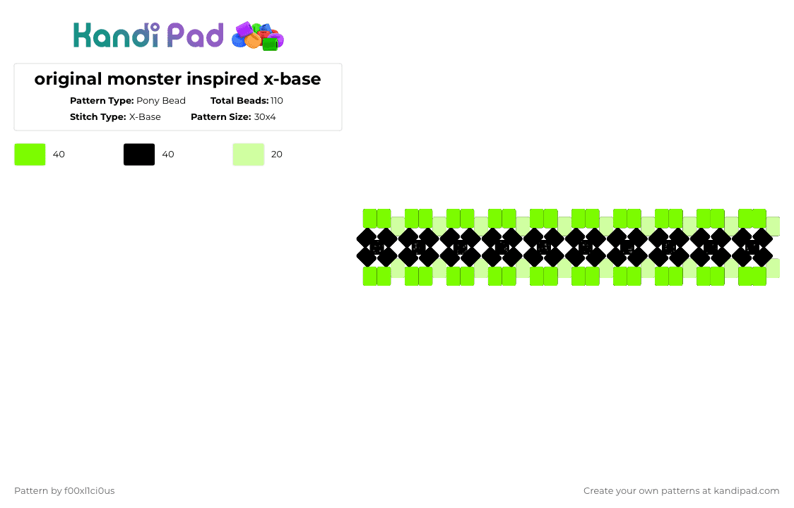 original monster inspired x-base - Pony Bead Pattern by f00xl1ci0us on Kandi Pad - green,yellow,xbase,monster energy,black,og monster,original monster,spiky cuff,rotator