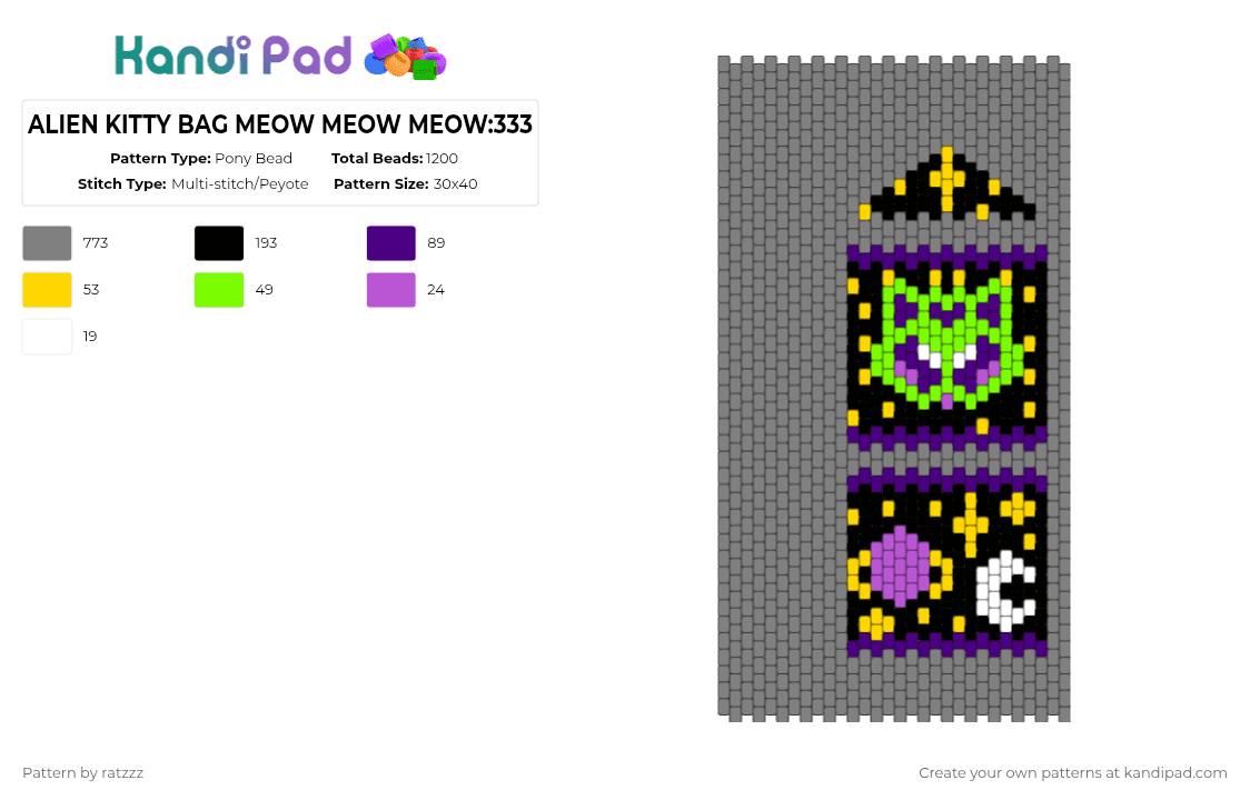 ALIEN KITTY BAG MEOW MEOW MEOW:333 - Pony Bead Pattern by ratzzz on Kandi Pad - gray