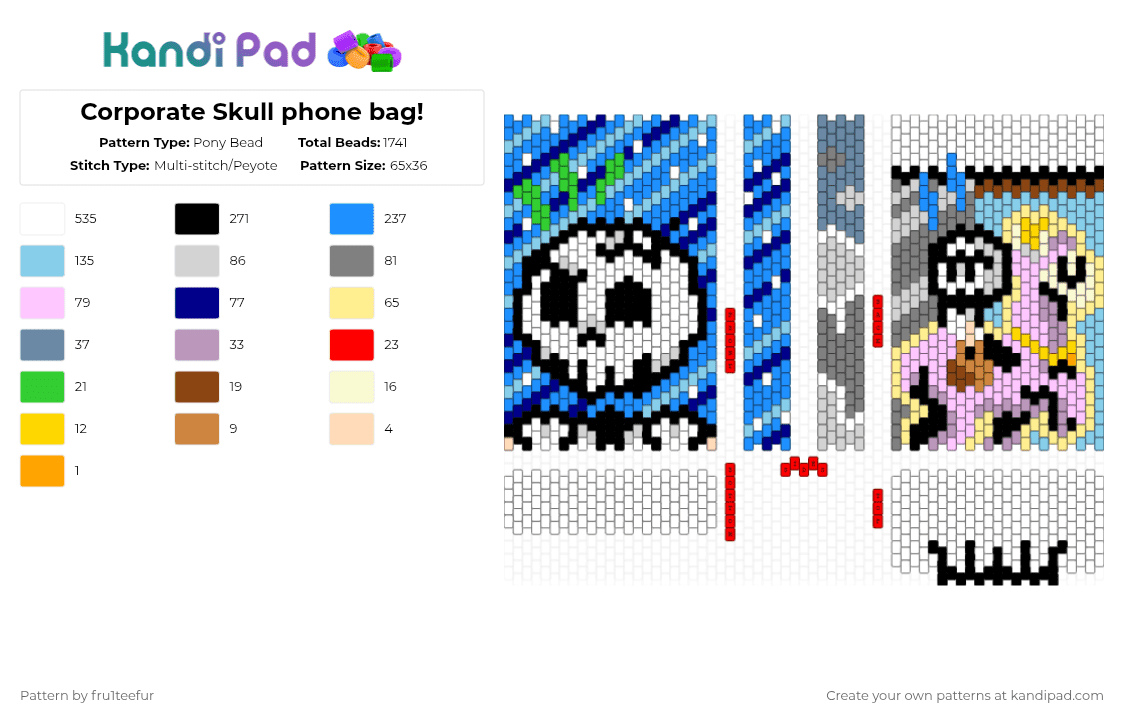 Corporate Skull phone bag! - Pony Bead Pattern by fru1teefur on Kandi Pad - white,light blue,gray,pink,corporate skull,bag,panel,purse,phone,skeleton