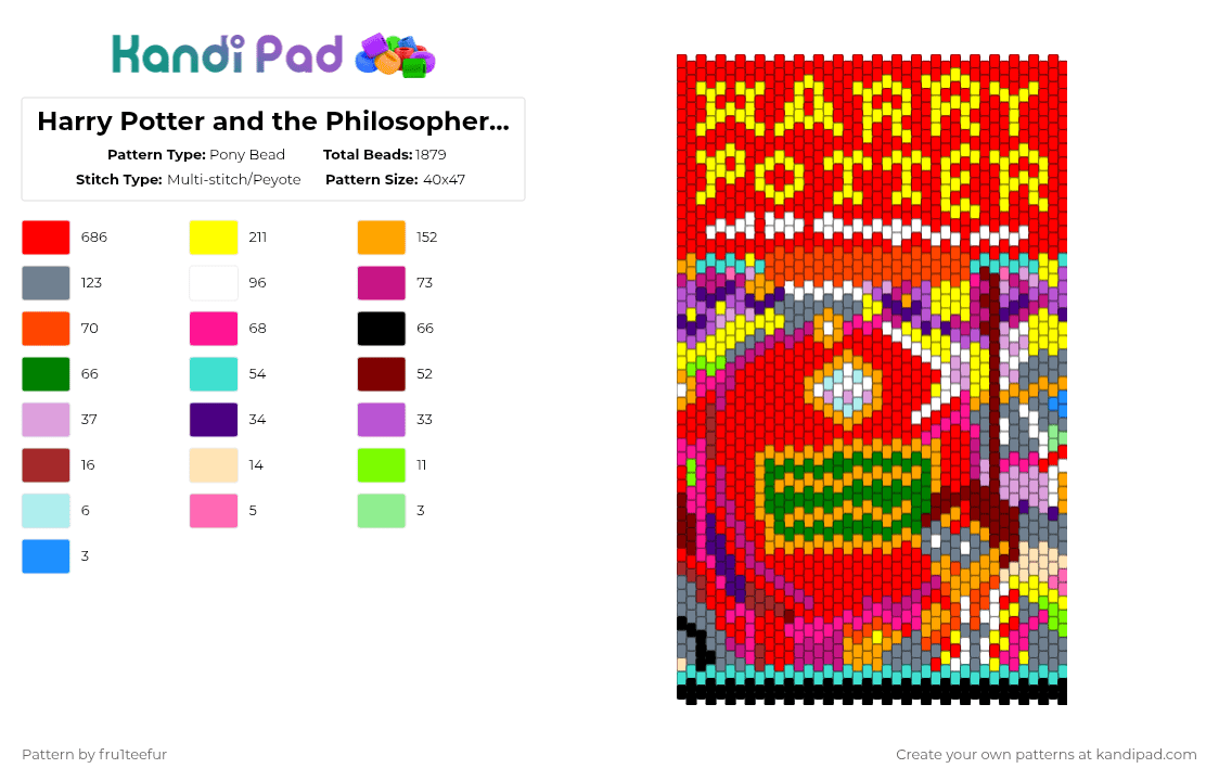 Harry Potter and the Philosopher\'s Stone - Pony Bead Pattern by krisameleon on Kandi Pad - orange,red,yellow,pink,wizard,magic,book,poster,panel,bag,purse