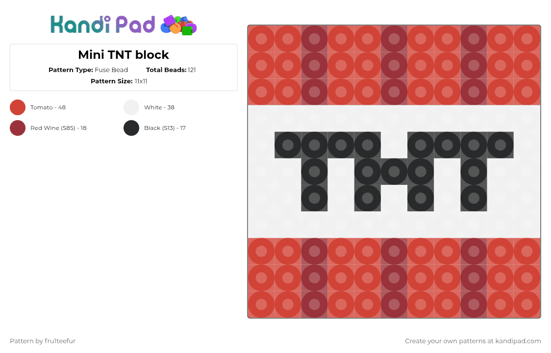 Mini TNT block - Fuse Bead Pattern by fru1teefur on Kandi Pad - red,white,minecraft,tnt,creeper,block,dirt,gaming,videogame