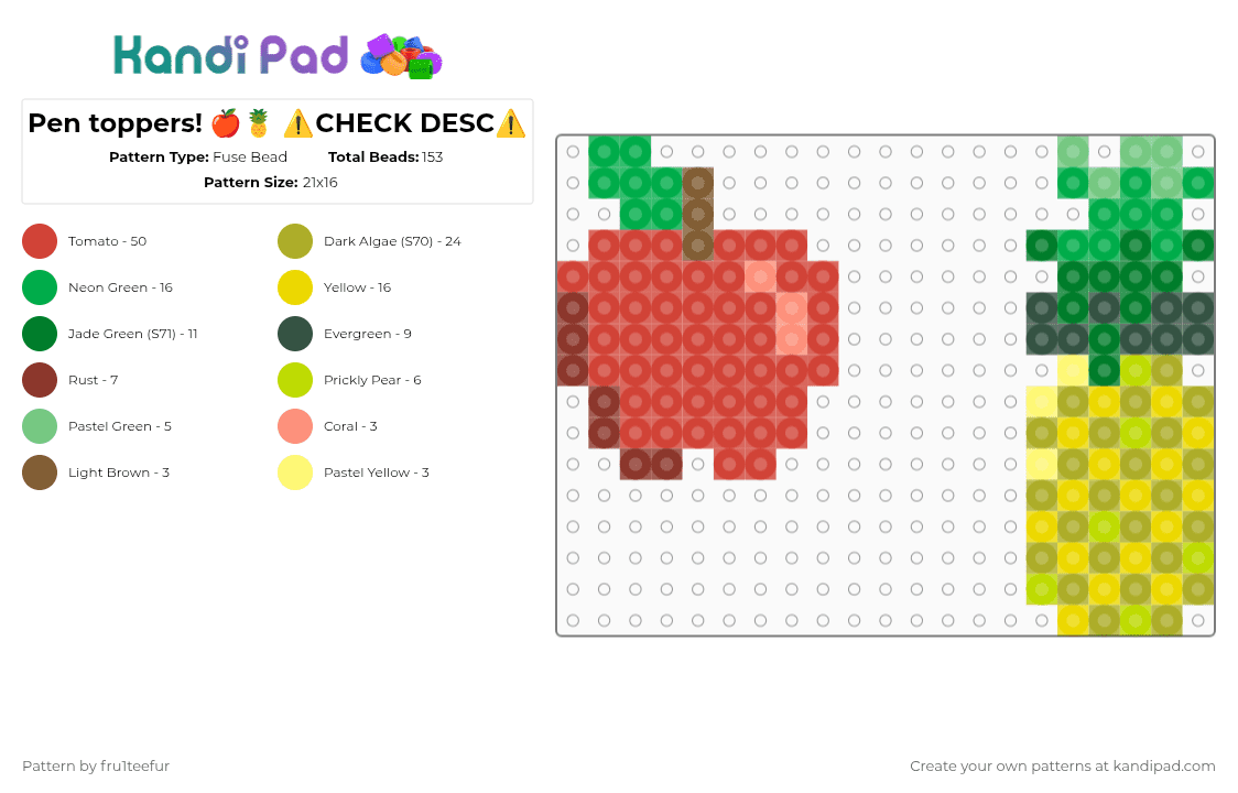 Pen toppers! 🍎🍍 ⚠️CHECK DESC⚠️ - Fuse Bead Pattern by fru1teefur on Kandi Pad - meme,fruit,pineapple,apple,charm,small