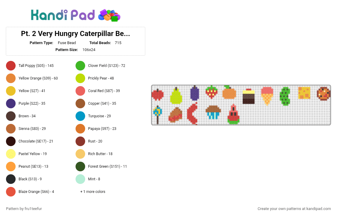 Pt. 2 Very Hungry Caterpillar Belt food! 🐛🍎 - Fuse Bead Pattern by krisameleon on Kandi Pad - red,green,orange,colorful