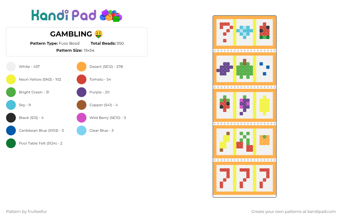 GAMBLING 🤑 - Fuse Bead Pattern by fru1teefur on Kandi Pad - white,orange,yellow,red,gambling,small,project