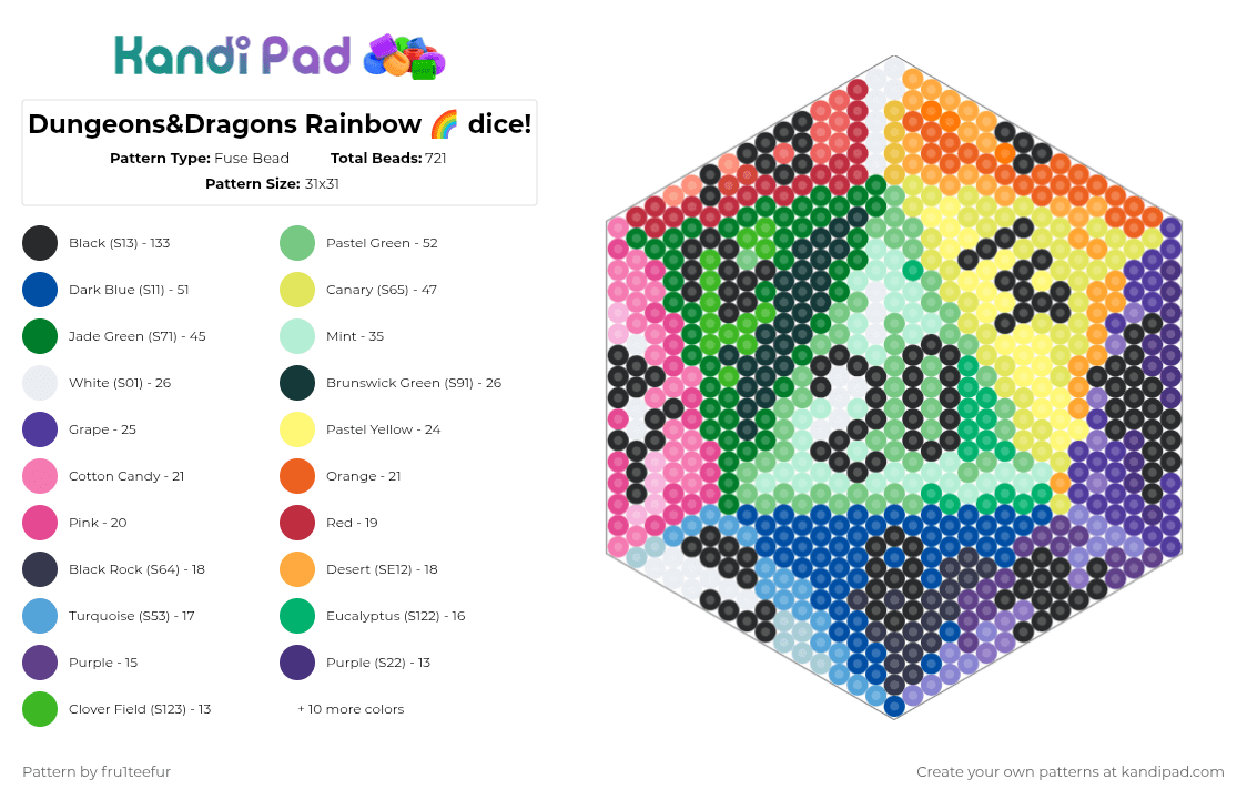 Dungeons&Dragons Rainbow 🌈 dice! - Fuse Bead Pattern by krisameleon on Kandi Pad - blue,teal,yellow,colorful,dd,dungeons and dragons,dice,perler,dragon,rainbow,shape