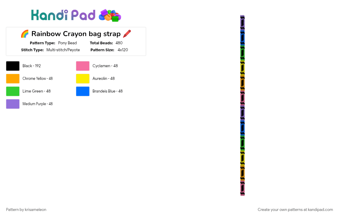 🌈 Rainbow Crayon bag strap 🖍️ - Pony Bead Pattern by krisameleon on Kandi Pad - bag, bag strap, colorful, crayola, crayon, green, orange, panel, purple, purse, rainbow