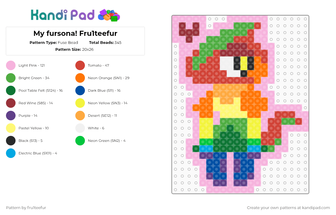 My fursona! Fru1teefur - Fuse Bead Pattern by krisameleon on Kandi Pad - red,orange,green,pink,fursona,furry,animal,rainbow,colorful,creature,chameleon,reptile