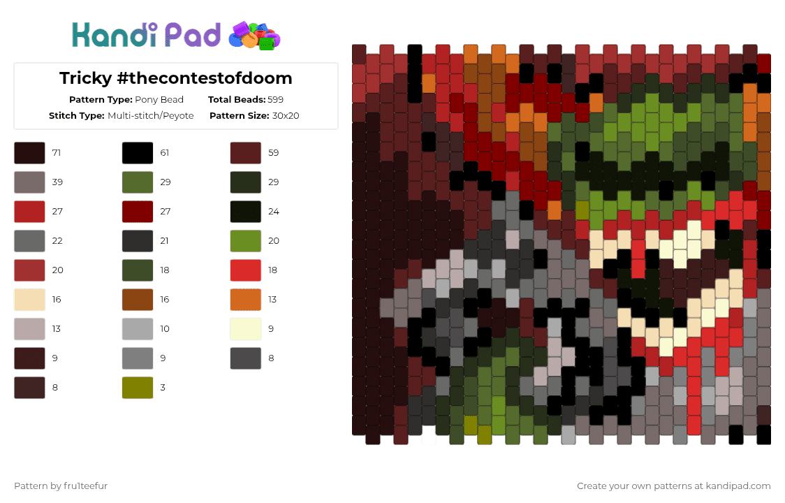 Tricky #thecontestofdoom - Pony Bead Pattern by fru1teefur on Kandi Pad - red,brown,gray,cuff,tricky,madness combat,thecontestofdoom,art,dark