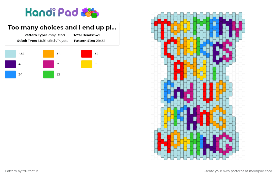 Too many choices and I end up picking nothing 😭😔 - Pony Bead Pattern by fru1teefur on Kandi Pad - light blue,rainbow,colorful,overwhelming,charm,quote