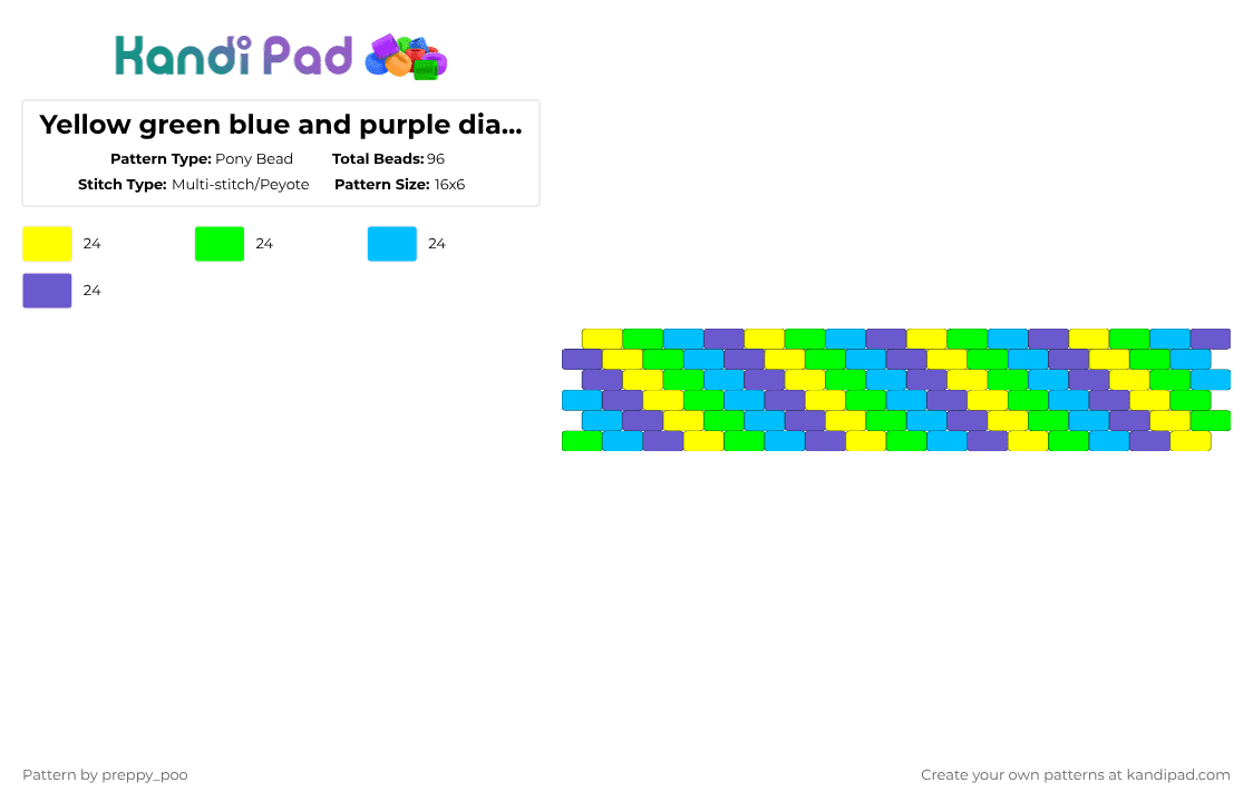 Yellow green blue and purple diagonal peyote - Pony Bead Pattern by preppy_poo on Kandi Pad - yellow,green,light blue,blue