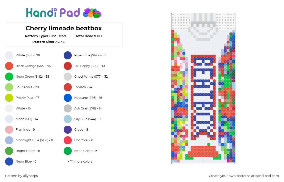 Cherry limeade beatbox - Fuse Bead Pattern by allyharps on Kandi Pad - beatbox,drink,festival,colorful,white,blue