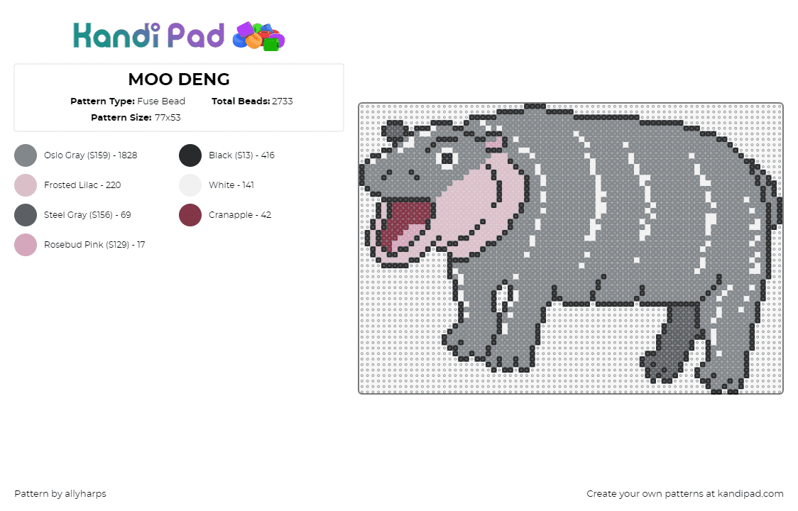 MOO DENG - Fuse Bead Pattern by allyharps on Kandi Pad - moo deng,hippopotamus,animal,gray