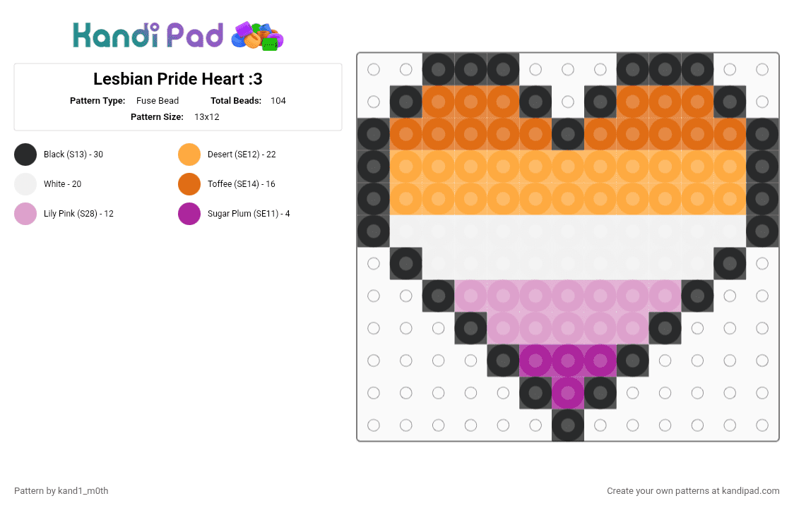 Lesbian Pride Heart :3 - Fuse Bead Pattern by kand1_m0th on Kandi Pad - orange,pink