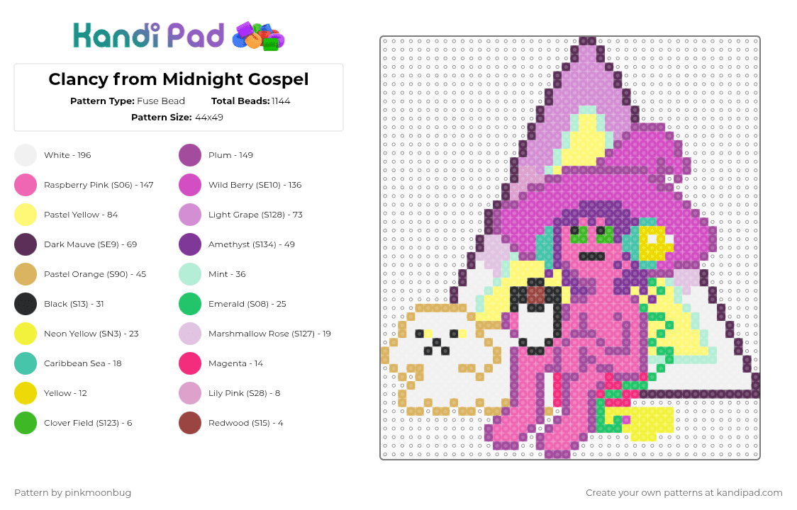 Clancy from Midnight Gospel - Fuse Bead Pattern by pinkmoonbug on Kandi Pad - pink,yellow,midnight gospel,adult swim,cartoon,netflix,trippy