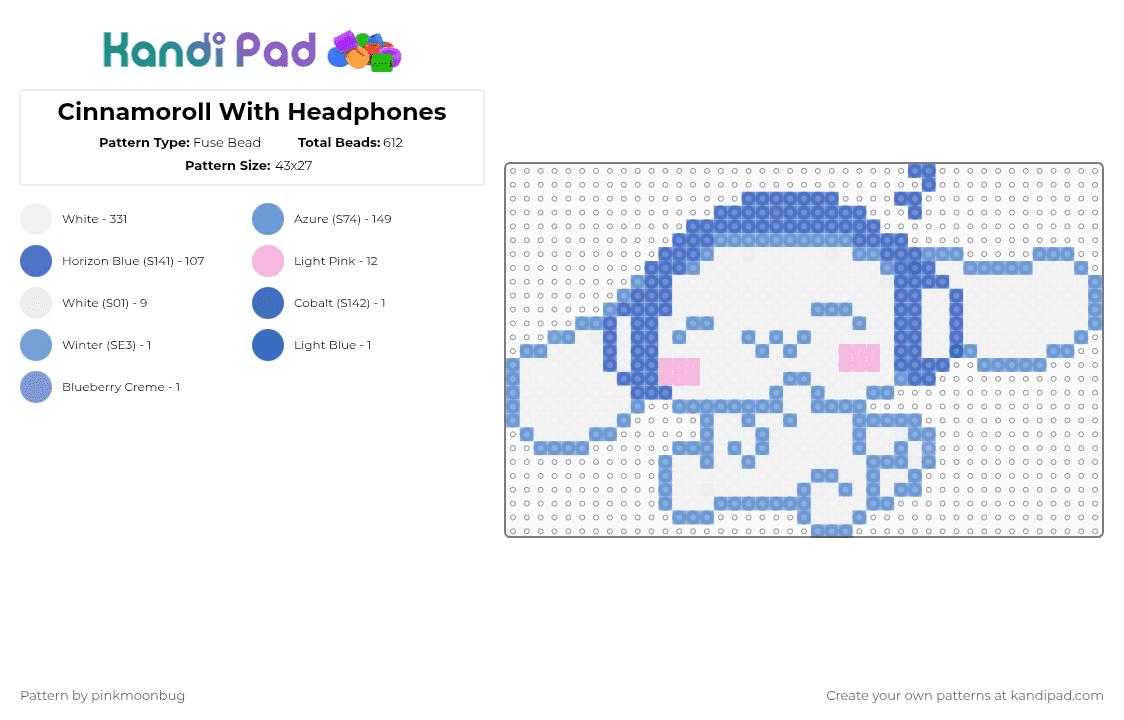 Cinnamoroll With Headphones - Fuse Bead Pattern by pinkmoonbug on Kandi Pad - white,blue,light blue,sanrio,cinnamoroll,headphones