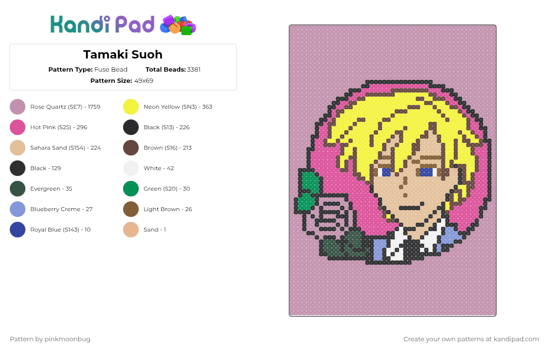 Tamaki Suoh - Fuse Bead Pattern by pinkmoonbug on Kandi Pad - anime, ouranhighschoolhostclub, pink, tamaki, yellow