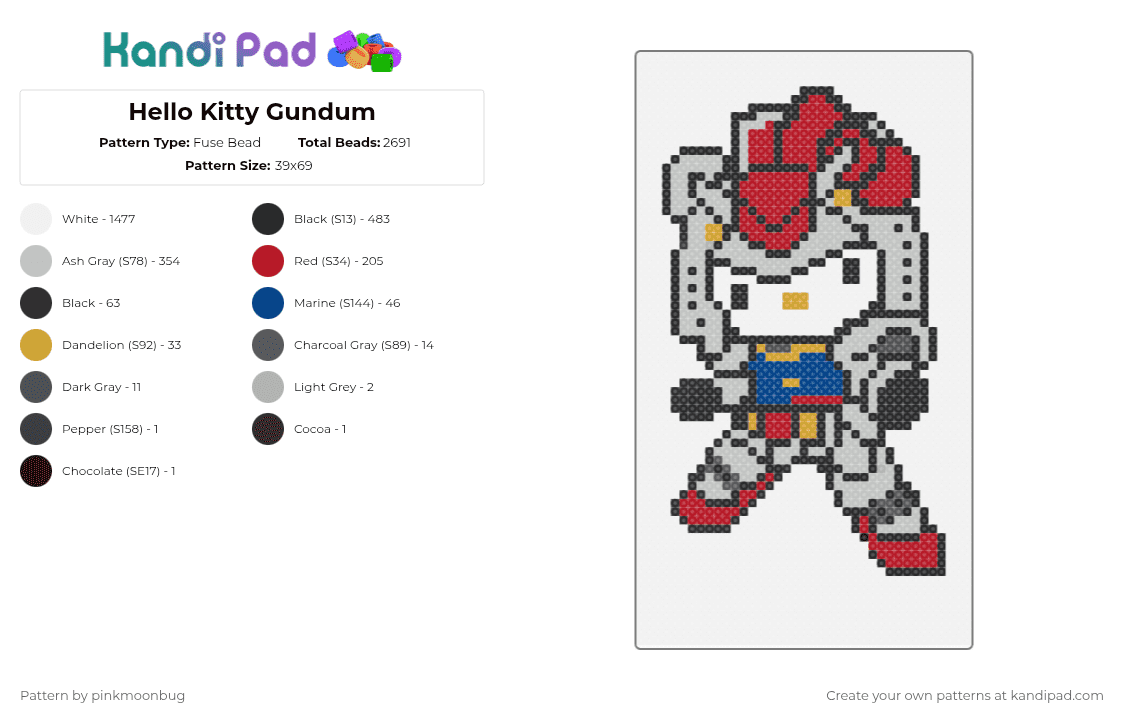 Hello Kitty Gundum - Fuse Bead Pattern by pinkmoonbug on Kandi Pad - white,red,beige,cotdactionfigures,hello kitty,gundam