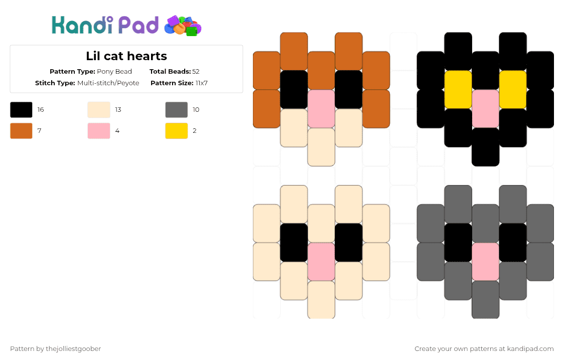 Lil cat hearts - Pony Bead Pattern by thejolliestgoober on Kandi Pad - orange,beige,gray