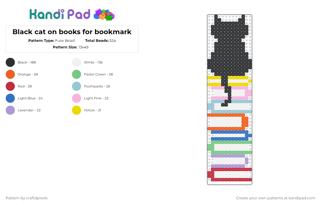 Black cat on books for bookmark - Fuse Bead Pattern by deleted_user_832825 on Kandi Pad - white,pink,orange,red,colorful,books,black,cat