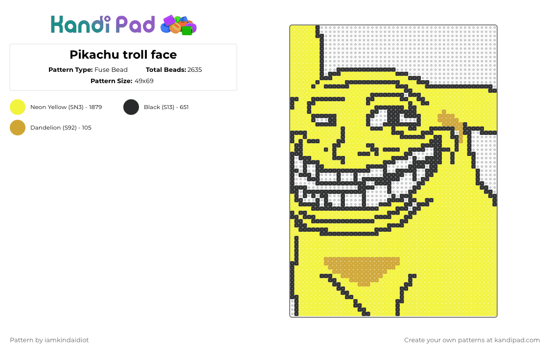 Pikachu troll face Fuse Bead Pattern - Kandi Pad | Kandi Patterns, Fuse ...